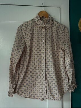 J. Crew Cream Blouse with Blue Medallion Print